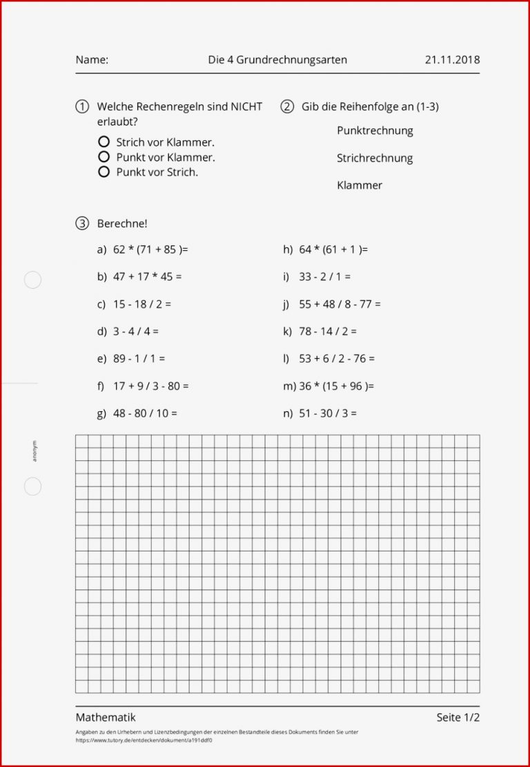 Arbeitsblatt Die 4 Grundrechnungsarten Mathematik