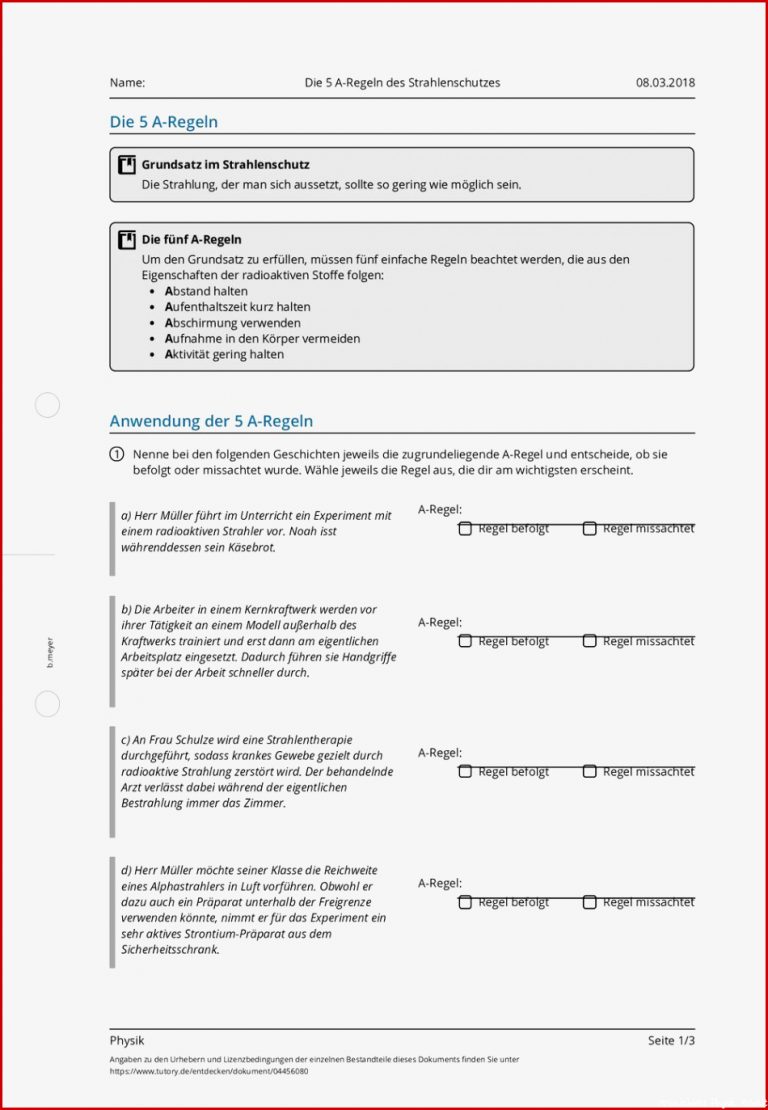 Arbeitsblatt Die 5 A Regeln des Strahlenschutzes