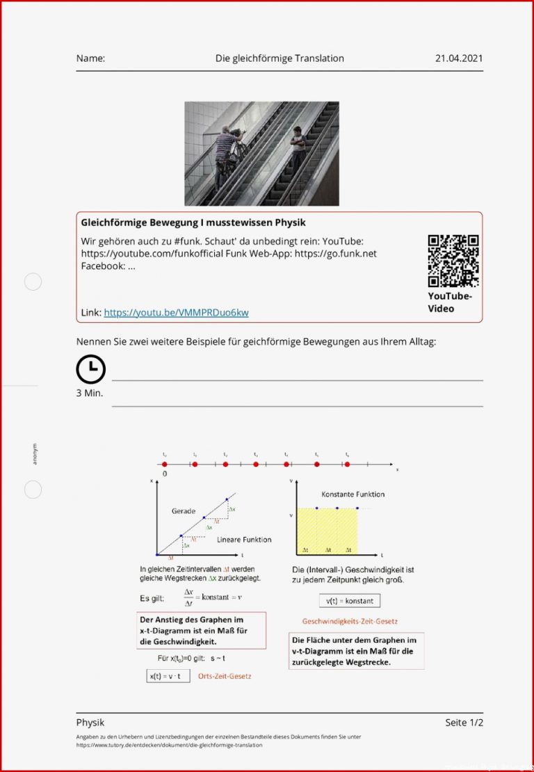 Arbeitsblatt Die gleichförmige Translation Physik