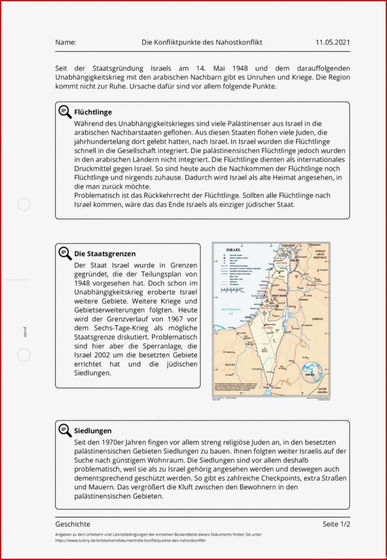 Arbeitsblatt Die Konfliktpunkte Des Nahostkonflikt