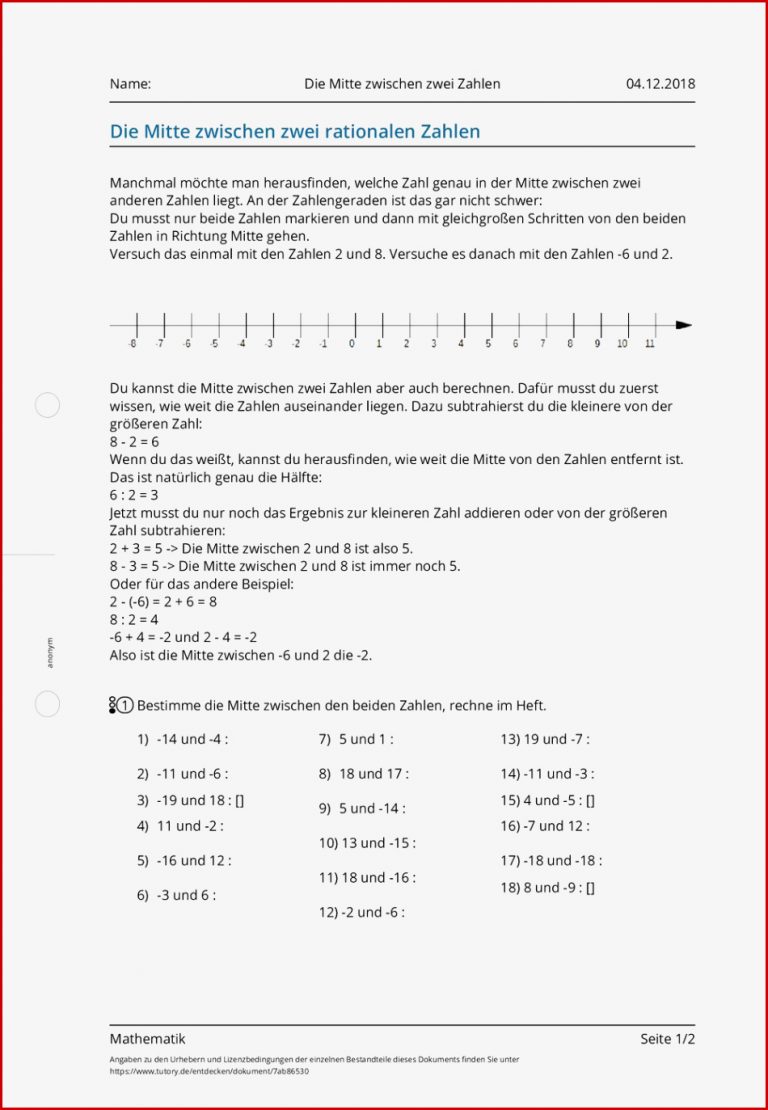 Arbeitsblatt Die Mitte zwischen zwei Zahlen Mathematik