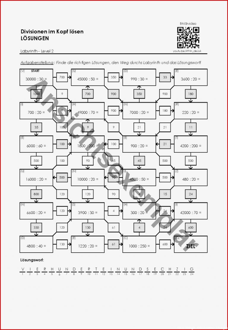 Arbeitsblatt "divisionen Im Kopf Lösen Labyrinth