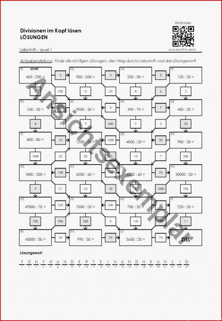 Arbeitsblatt "divisionen Im Kopf Lösen Labyrinth