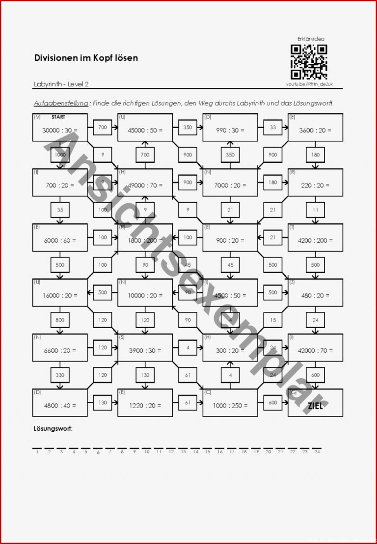Arbeitsblatt "divisionen Im Kopf Lösen Labyrinth