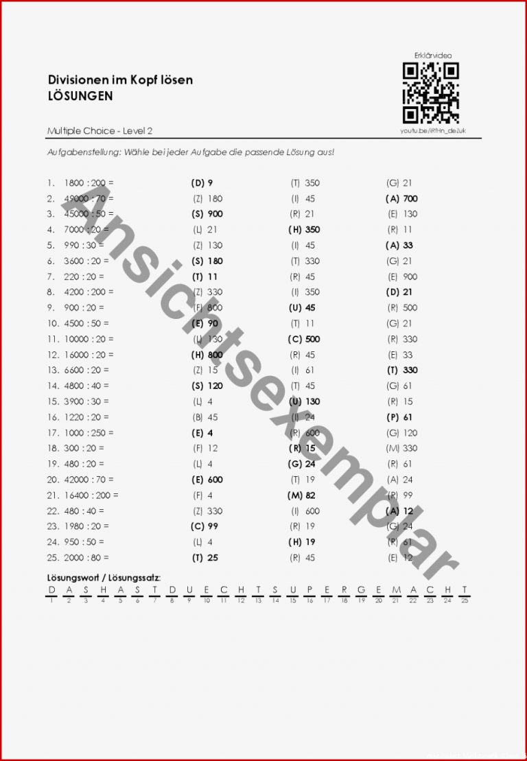 Arbeitsblatt "divisionen Im Kopf Lösen Multiple Choice