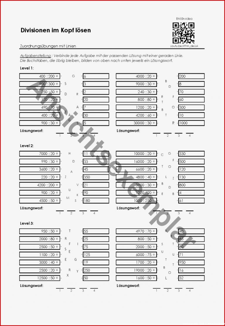 Arbeitsblatt "divisionen Im Kopf Lösen Zuordnung Mit