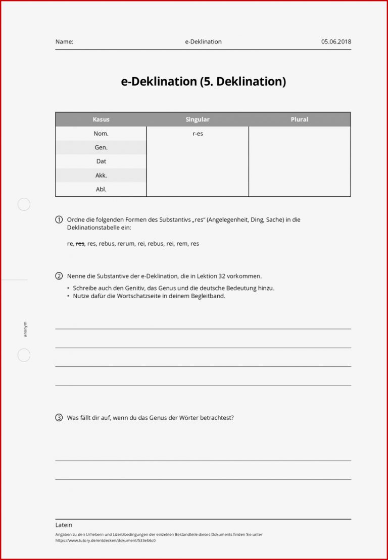 Arbeitsblatt E Deklination Latein Allgemeine