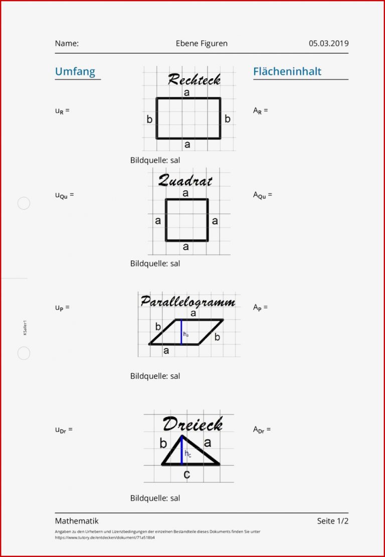 Arbeitsblatt Ebene Figuren Mathematik tutory