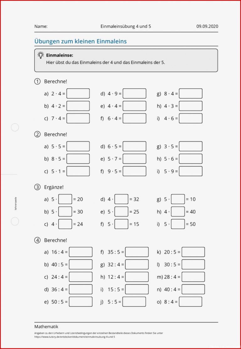 Arbeitsblatt Einmaleinsübung 4 Und 5 Mathematik