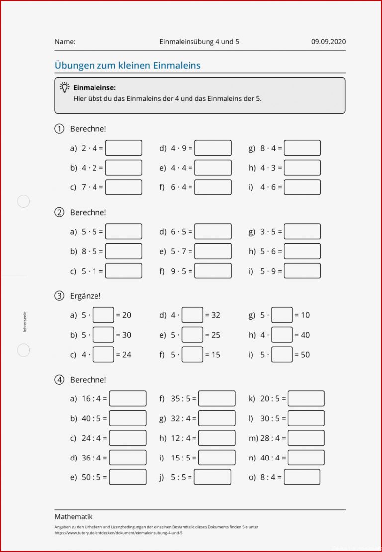 Arbeitsblatt Einmaleinsübung 4 und 5 Mathematik