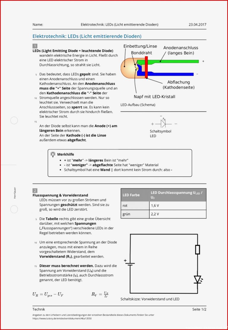 Arbeitsblatt Elektrotechnik LEDs Licht emittierende