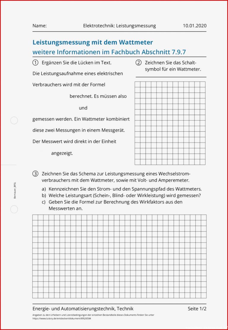 Arbeitsblatt Elektrotechnik Leistungsmessung Energie