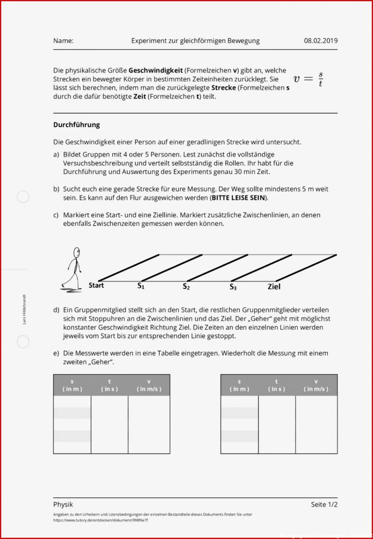 Arbeitsblatt Experiment zur gleichförmigen Bewegung