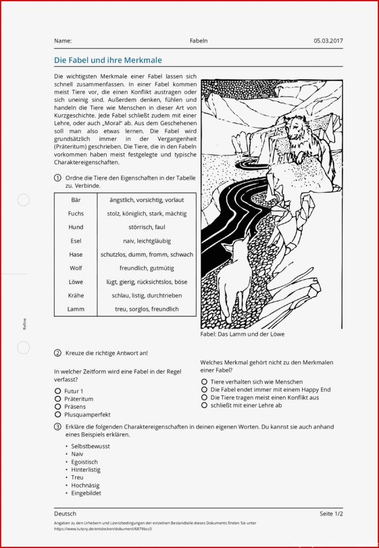 Arbeitsblatt Fabeln Deutsch tutory