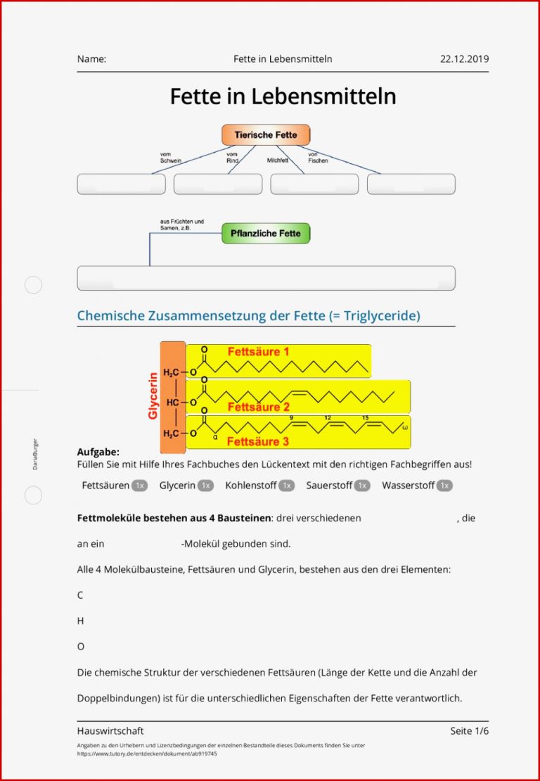 Arbeitsblatt Fette In Lebensmitteln Hauswirtschaft