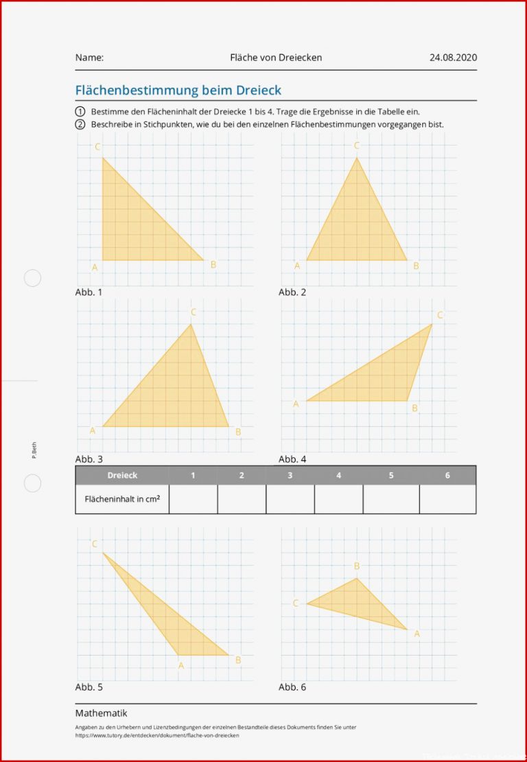 Arbeitsblatt Fläche von Dreiecken Mathematik tutory