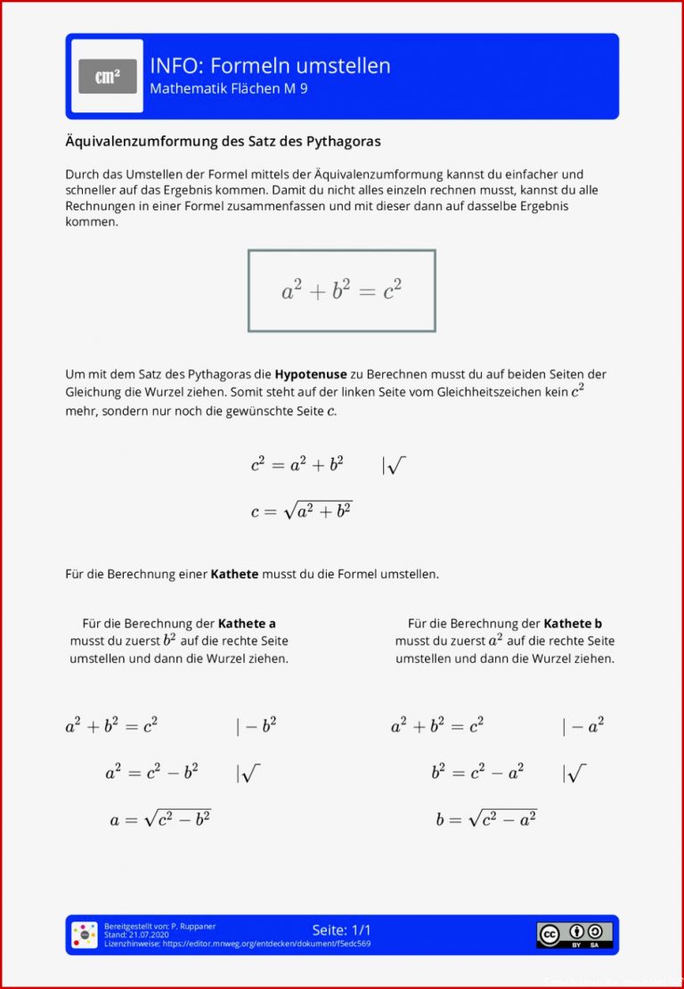 Arbeitsblatt Formeln umstellen Mathematik Flächen
