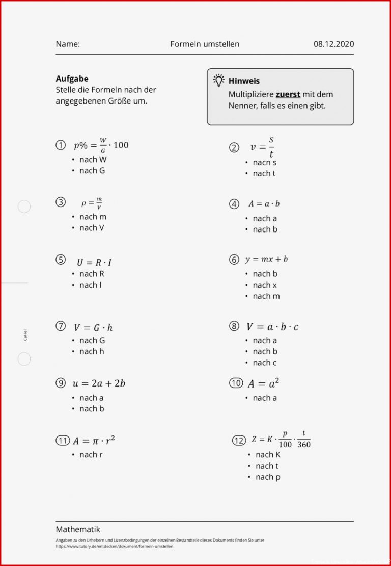 Arbeitsblatt formeln Umstellen Mathematik Tutory