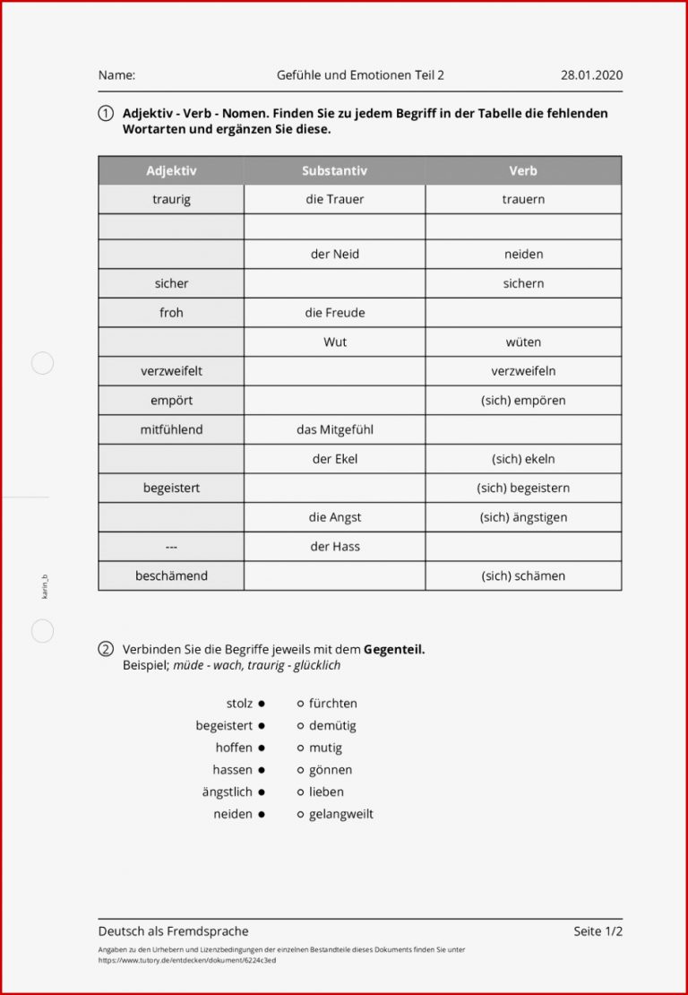 Arbeitsblatt Gefühle Und Emotionen Teil 2 Deutsch Als