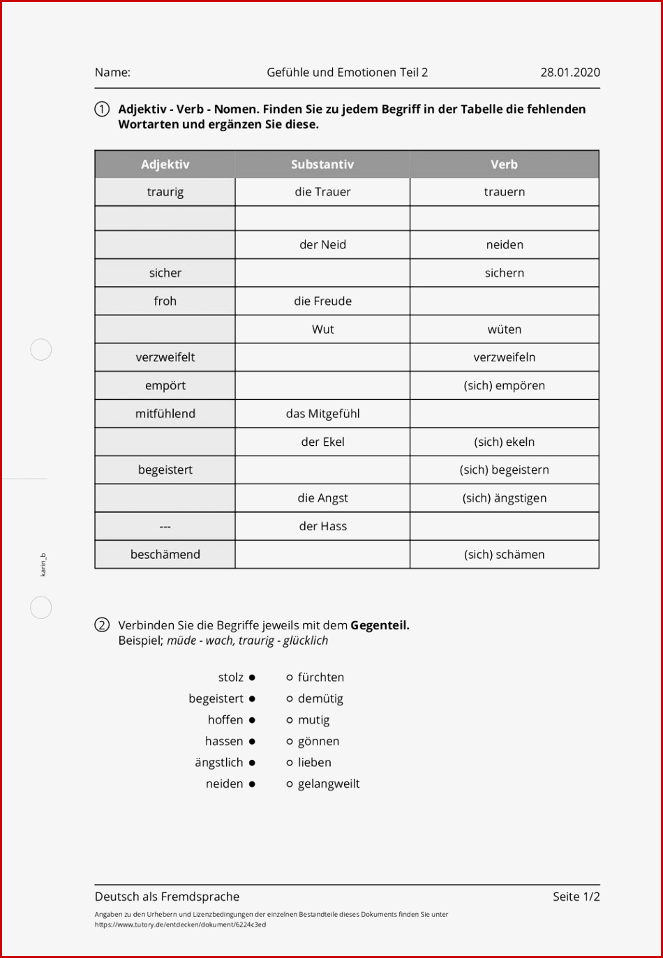 Arbeitsblatt Gefühle Und Emotionen Teil 2 Deutsch Als