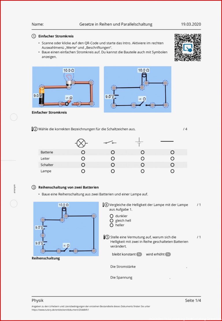 Arbeitsblatt Gesetze In Reihen Und Parallelschaltung
