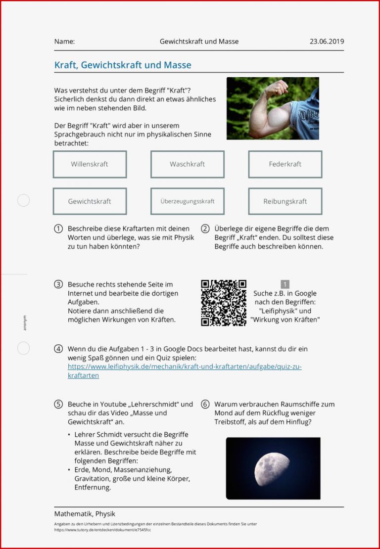 Arbeitsblatt Gewichtskraft und Masse Mathematik