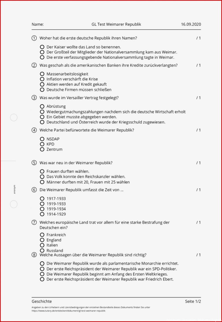 Arbeitsblatt Gl Test Weimarer Republik Geschichte