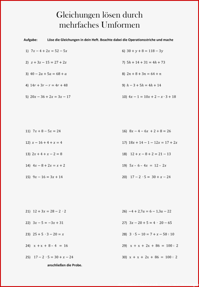 Arbeitsblatt Gleichungen Lösen durch mehrfaches Umformen