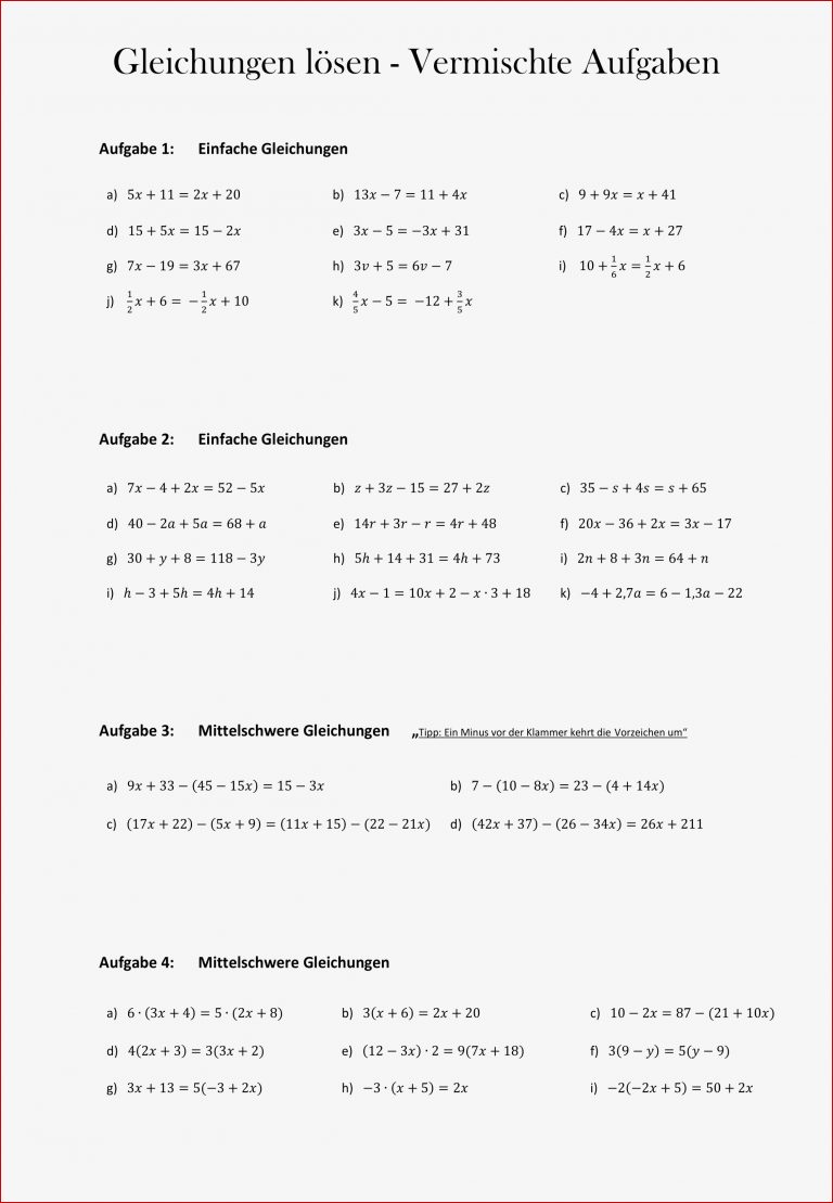 Arbeitsblatt Gleichungen Lösen Vermischte Aufgaben