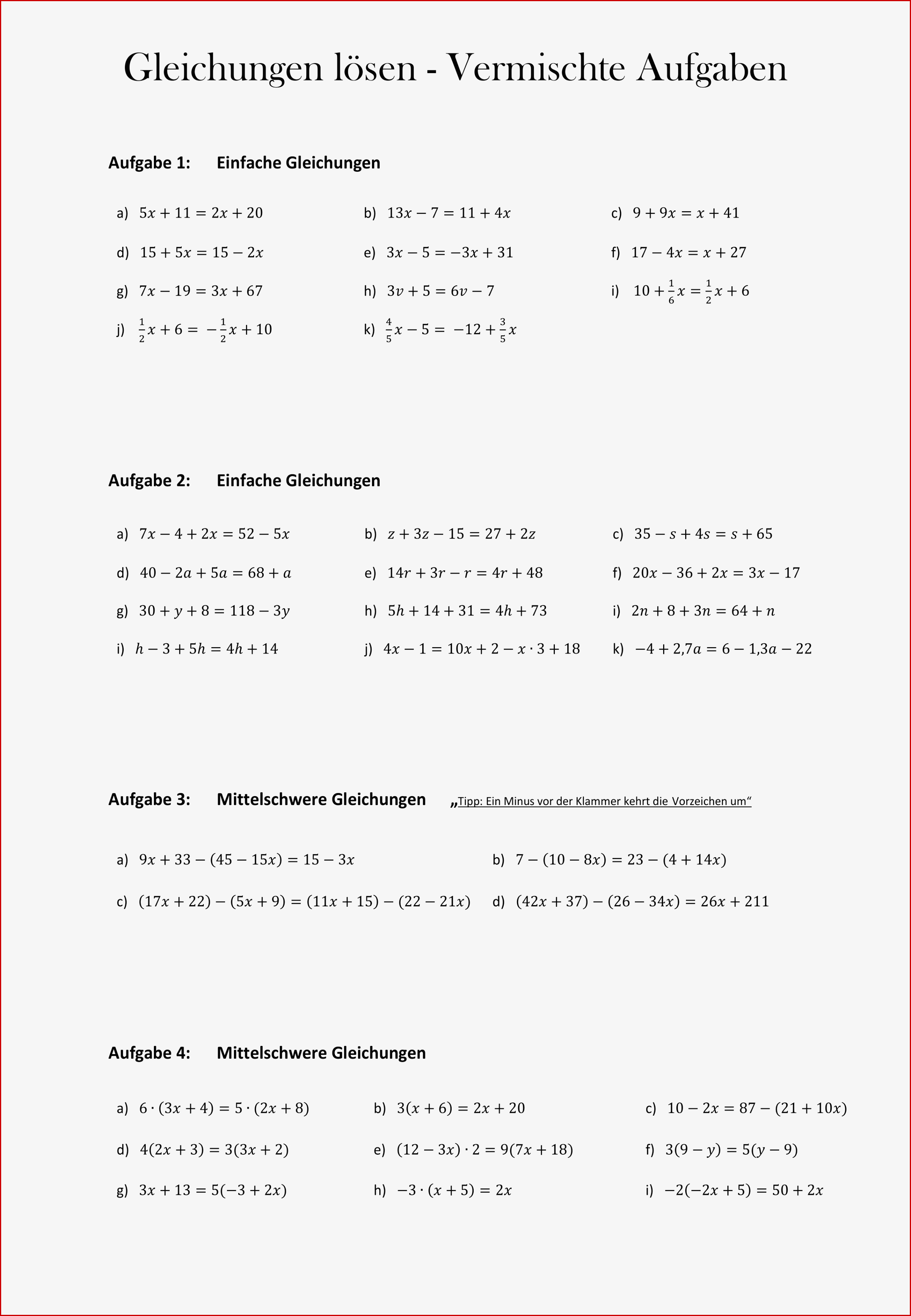 Arbeitsblatt Gleichungen Lösen Vermischte Aufgaben