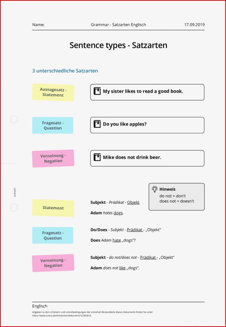 Arbeitsblatt Grammar Satzarten Englisch Englisch