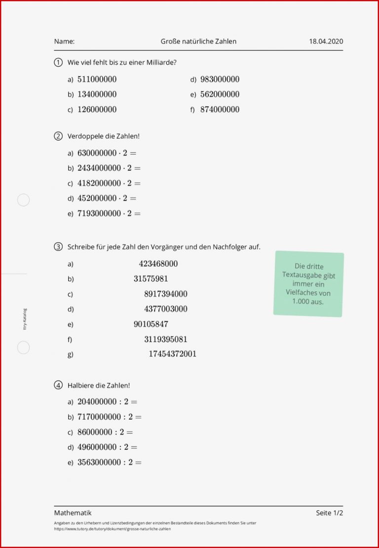Arbeitsblatt Große natürliche Zahlen Mathematik