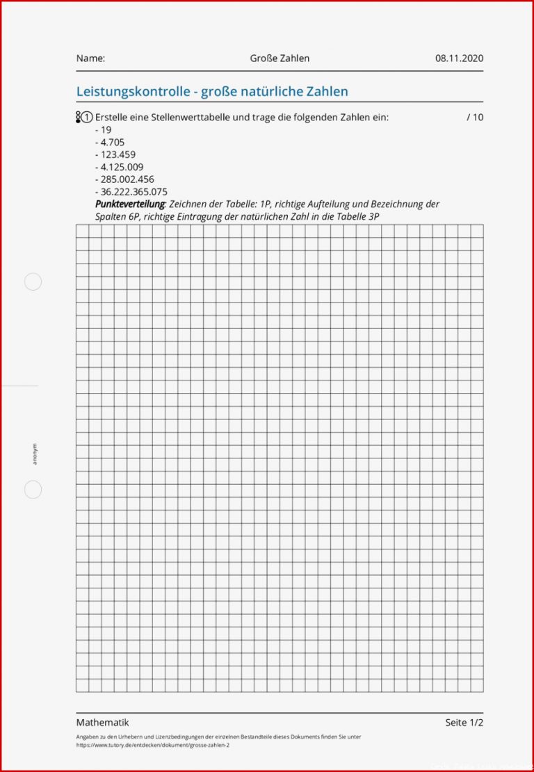 Arbeitsblatt Große Zahlen Mathematik tutory