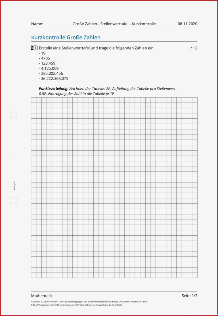 Arbeitsblatt Große Zahlen Stellenwerttafel