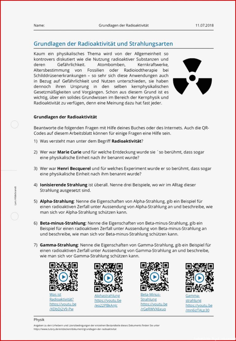 Arbeitsblatt Grundlagen der Radioaktivität Physik