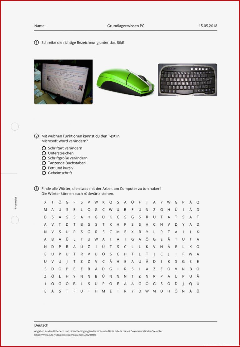 Arbeitsblatt Grundlagenwissen Pc Deutsch Grundschule