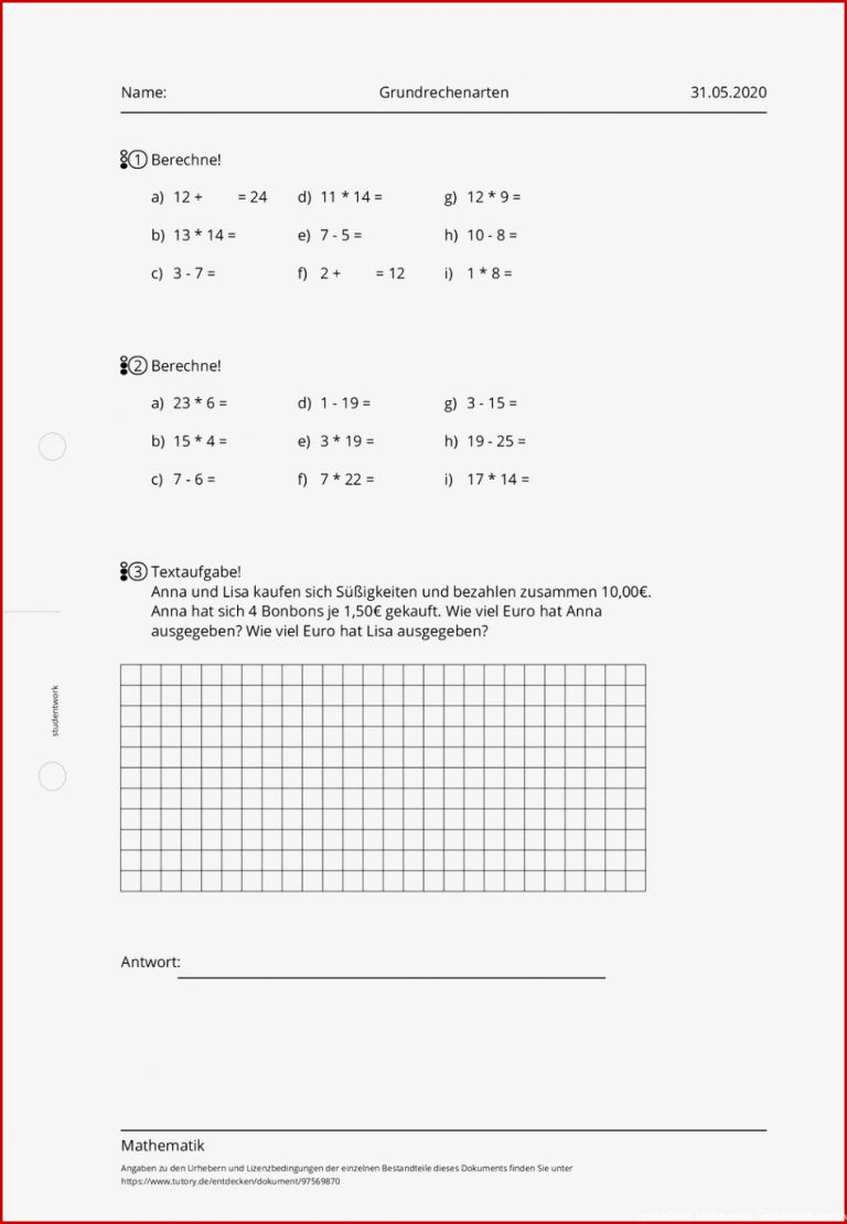 Arbeitsblatt Grundrechenarten Mathematik Tutory