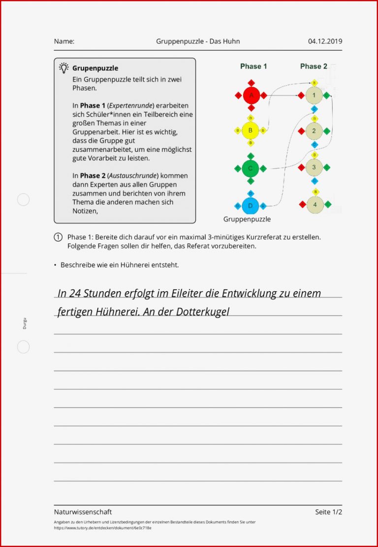 Arbeitsblatt Gruppenpuzzle Das Huhn