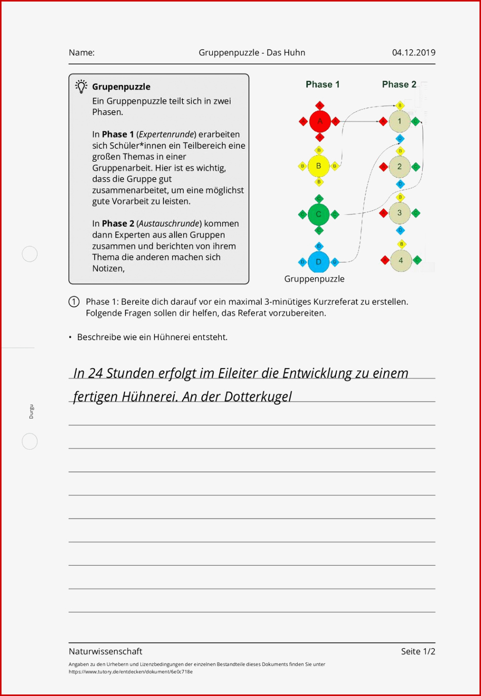 Arbeitsblatt Gruppenpuzzle Das Huhn