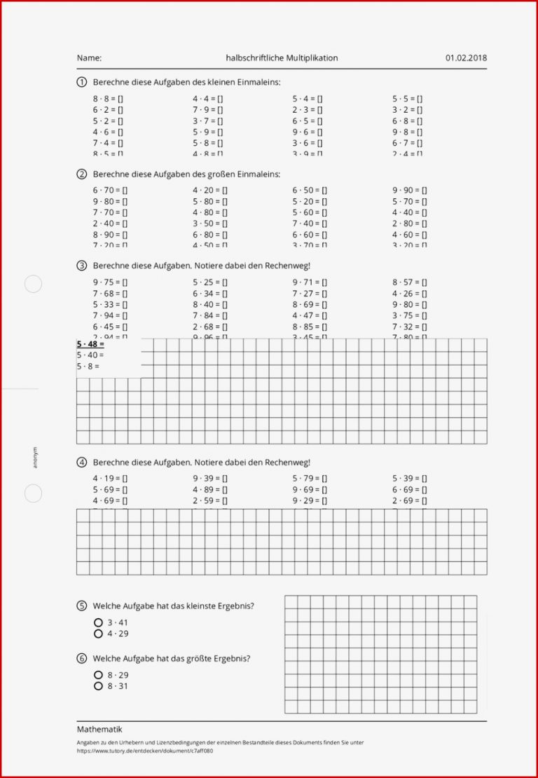 Arbeitsblatt halbschriftliche Multiplikation