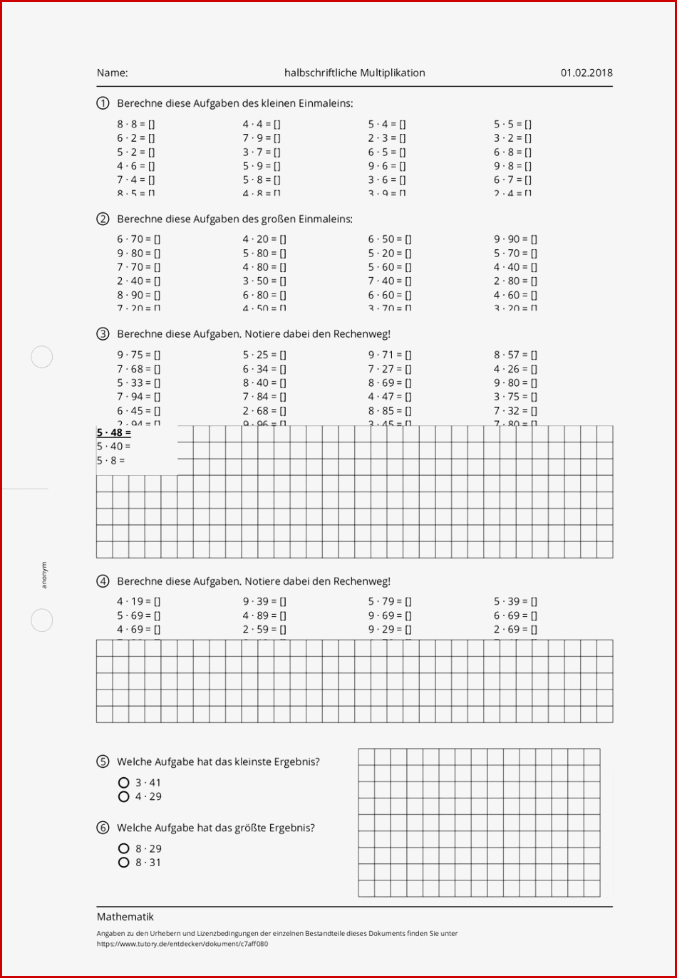 Arbeitsblatt Halbschriftliche Multiplikation