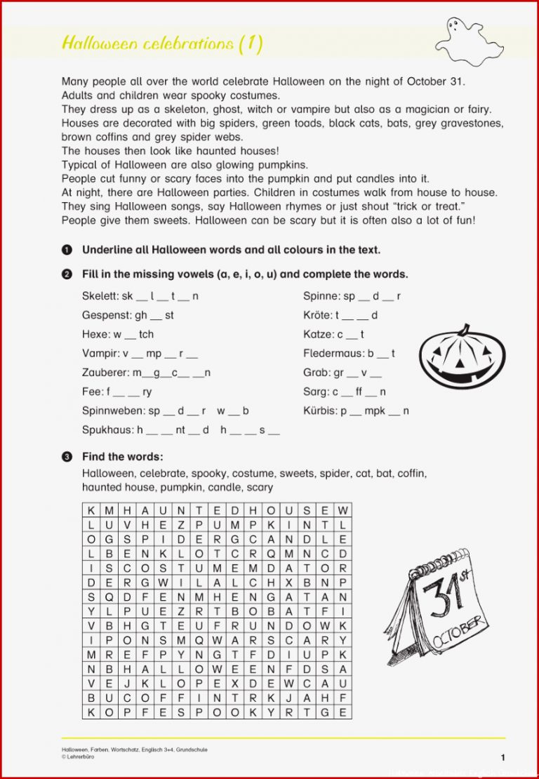 Arbeitsblatt Halloween Englisch kinderbilderwnload