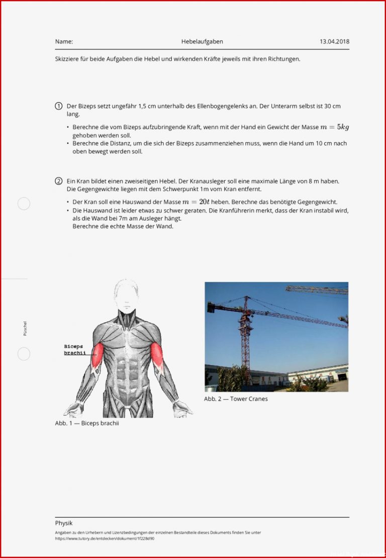 Arbeitsblatt Hebelaufgaben Physik Allgemeine