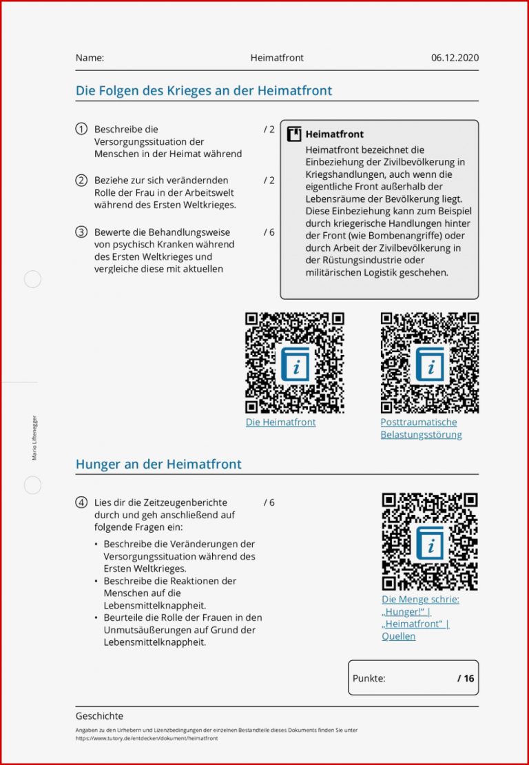 Arbeitsblatt Heimatfront Geschichte tutory