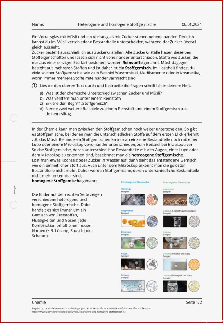 Arbeitsblatt Heterogene und homogene Stoffgemische