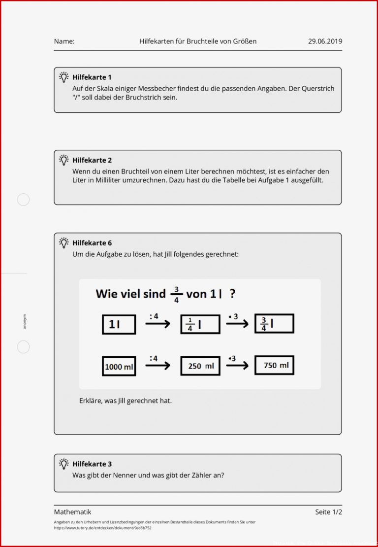 Arbeitsblatt Hilfekarten Für Bruchteile Von Größen