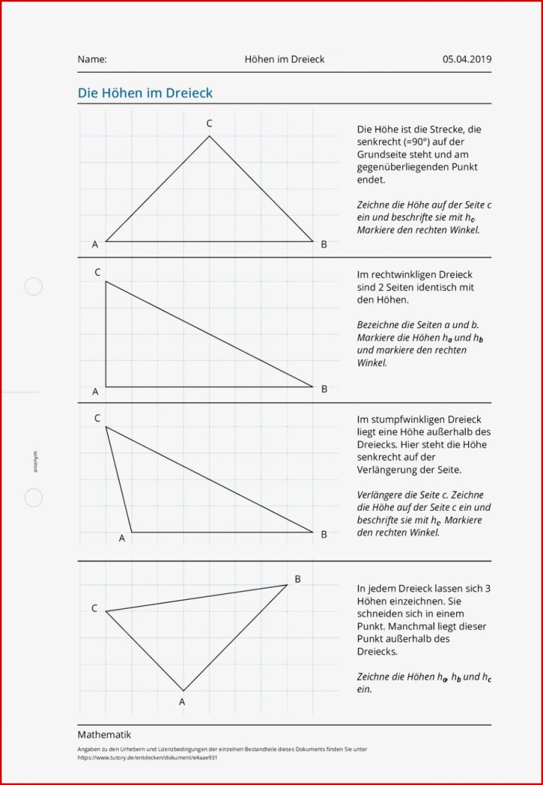 Arbeitsblatt Höhen Im Dreieck Mathematik Tutory