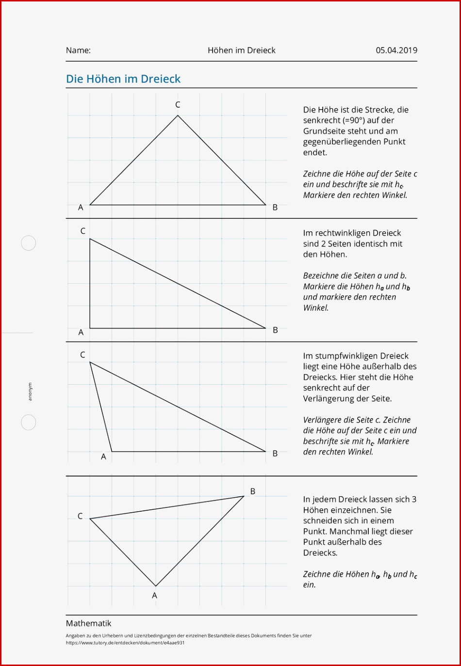 Arbeitsblatt Höhen Im Dreieck Mathematik Tutory