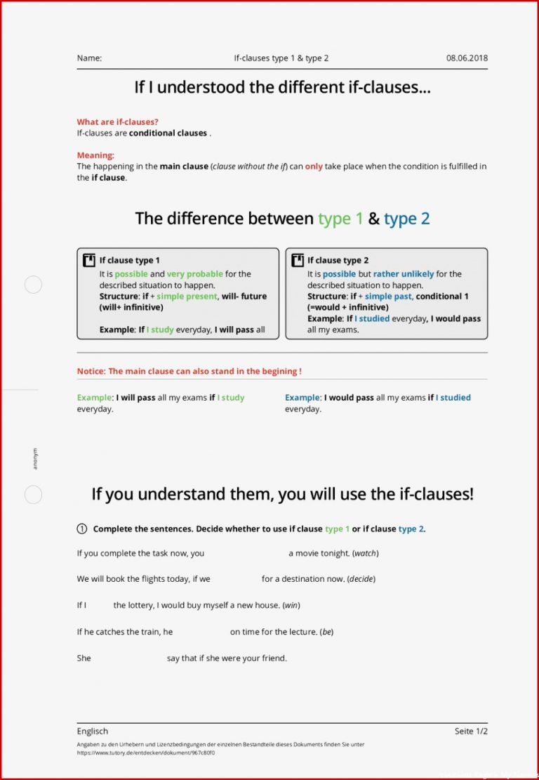 Arbeitsblatt if Clauses Type 1 & Type 2 Englisch