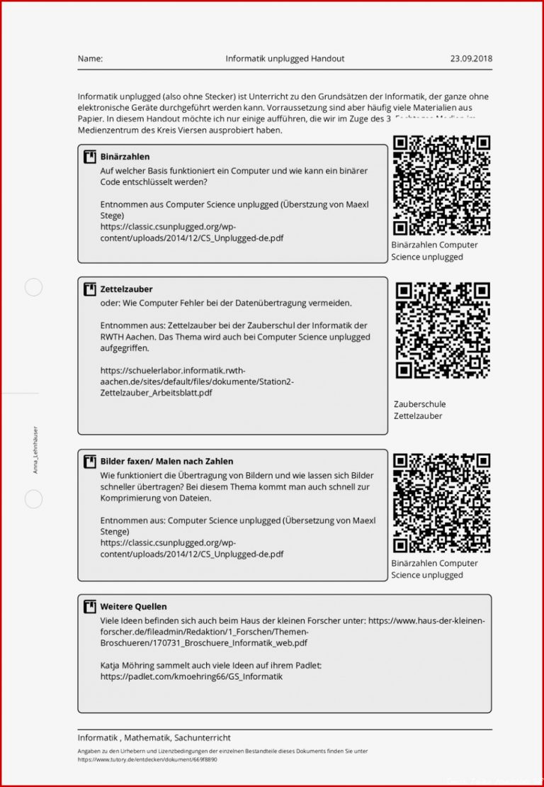 Arbeitsblatt Informatik Unplugged Handout Informatik